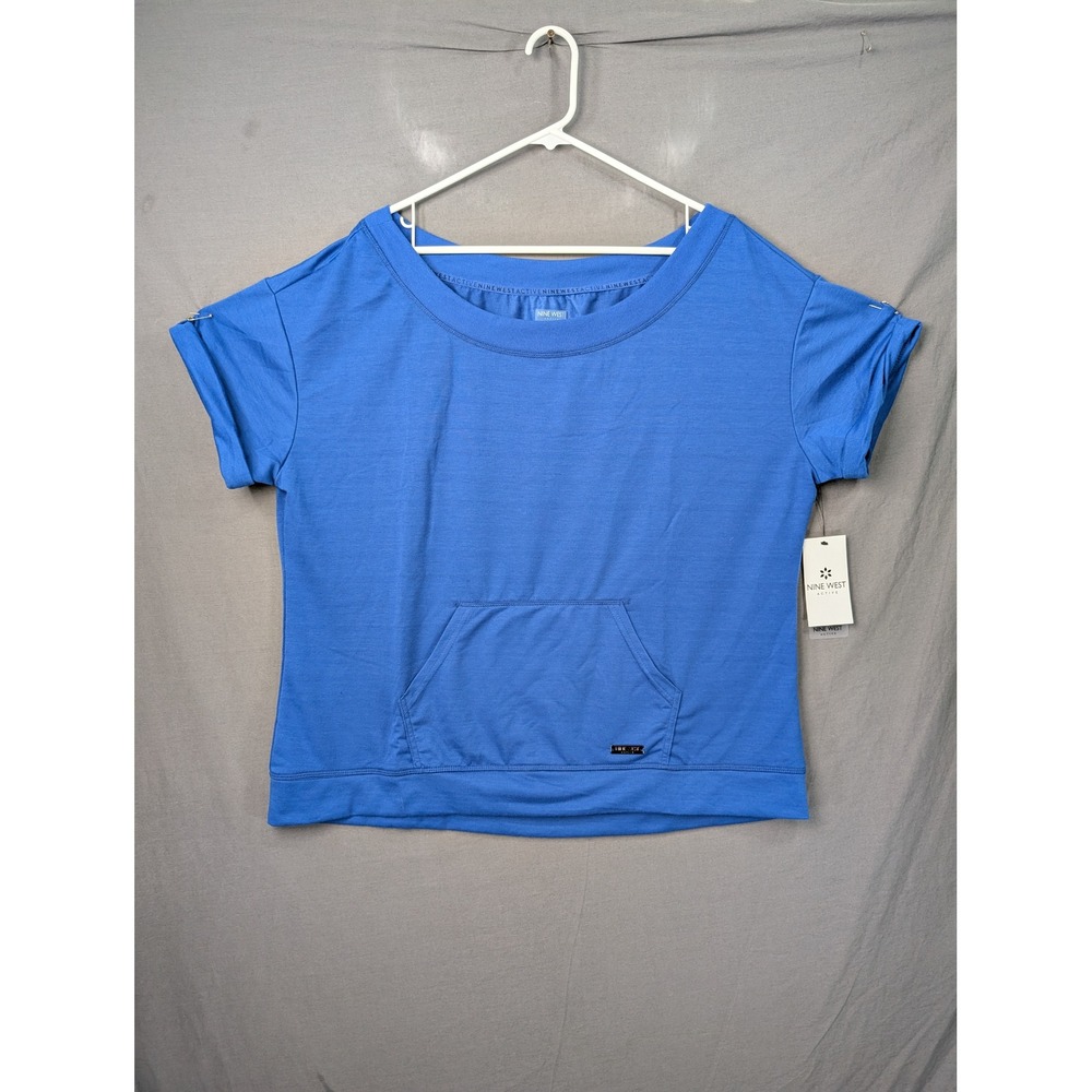 Nine West Active Womens Blue Short Sleeve Kangaroo Pocket Top 1X